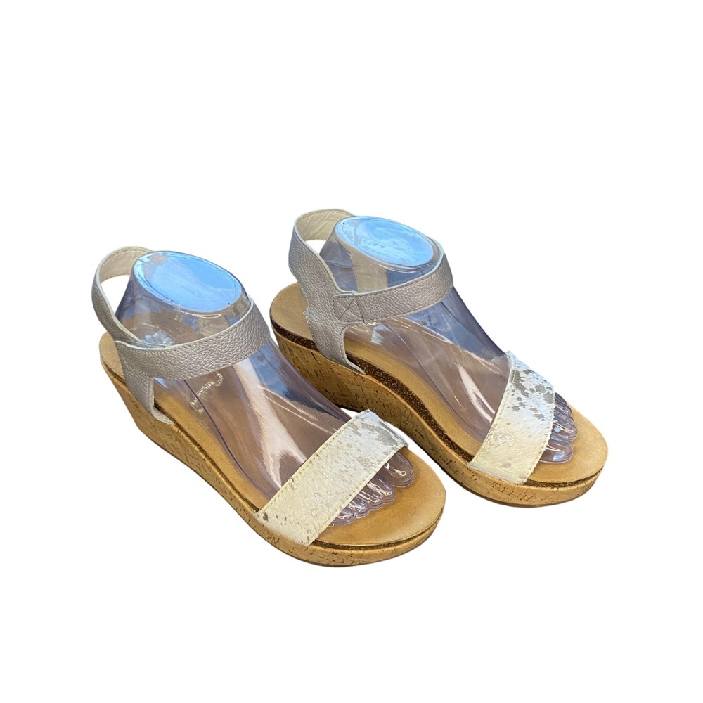 Yellow Box Gabriella Silver Metallic Cow Hair Cork Wedge Sandals Womens 7.5